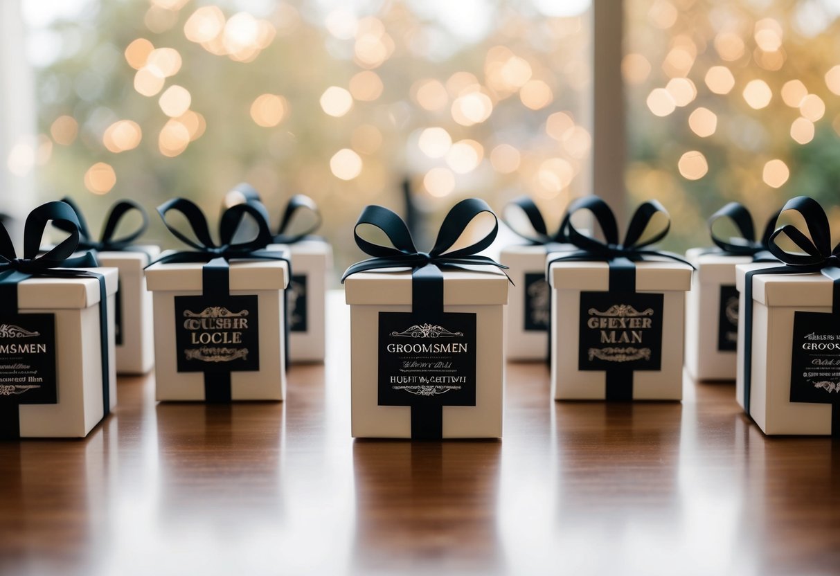A group of elegant gift boxes arranged on a table, each containing a personalized item for groomsmen