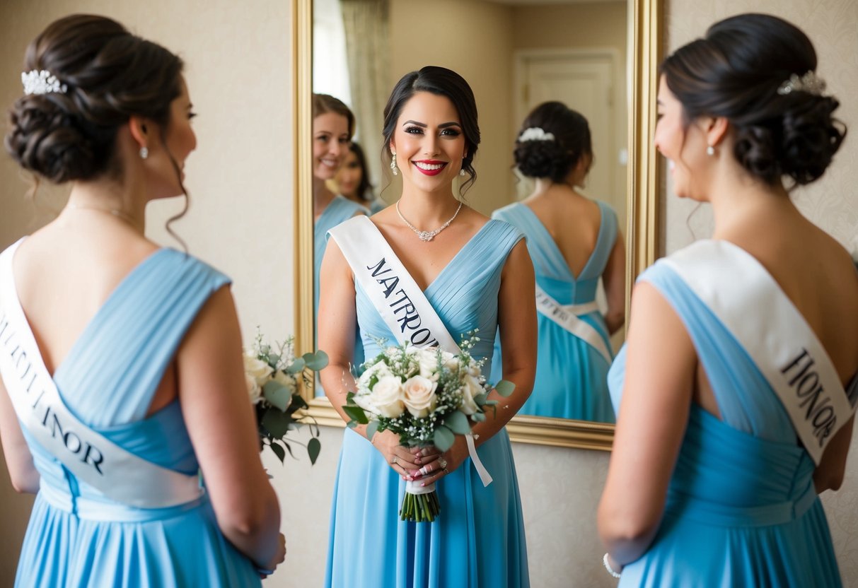 A woman in a bridesmaid dress holds a bouquet and a matron of honor sash. She stands in front of a mirror, smiling proudly