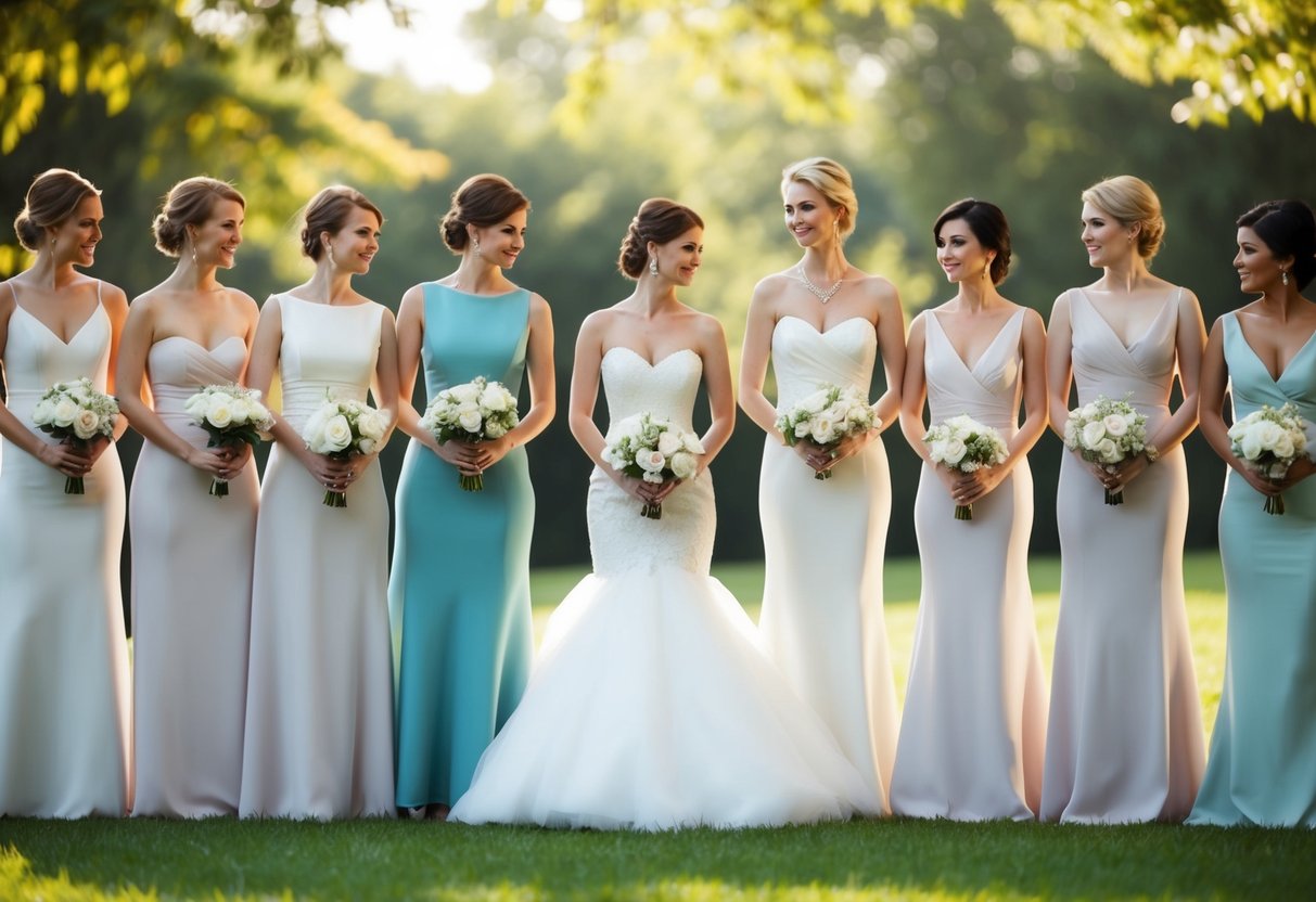 A group of elegantly dressed figures standing in a line, with one figure in a slightly different attire to represent a married bridesmaid