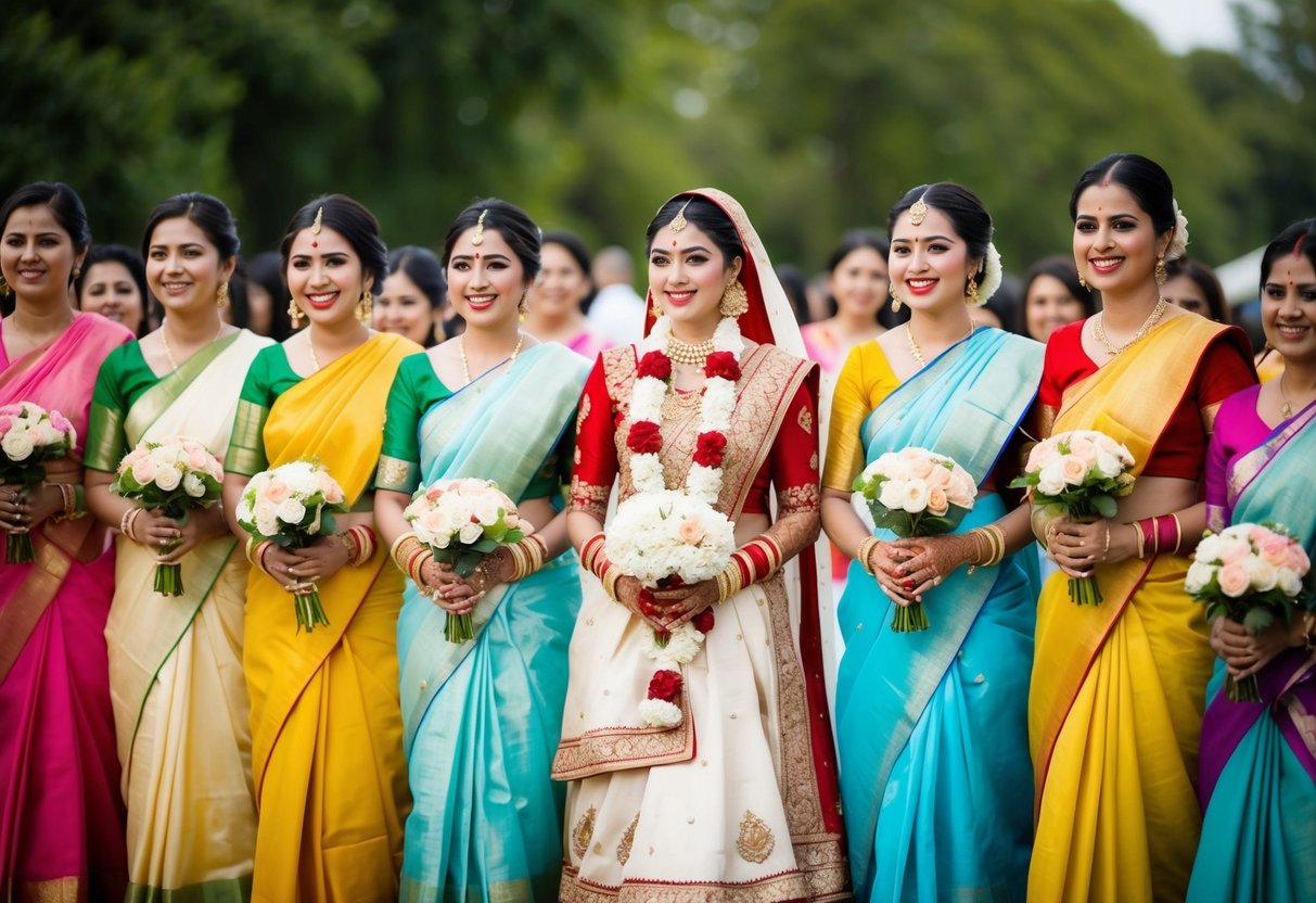 A group of women in traditional attire standing in a line, holding bouquets and smiling, with a central figure wearing a bridal outfit