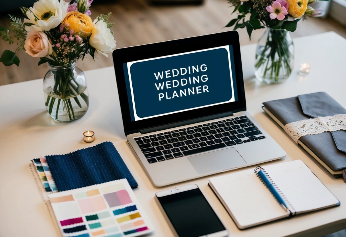 A laptop on a table with a wedding planner app open, surrounded by flowers, fabric swatches, and a notebook with a pen