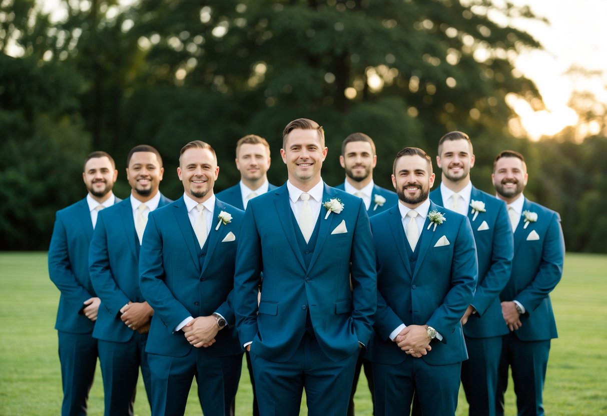 A group of men standing together, dressed in matching suits and holding boutonnieres