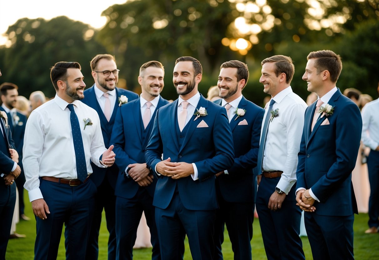 A group of men stand in formal attire, smiling and chatting at a wedding celebration