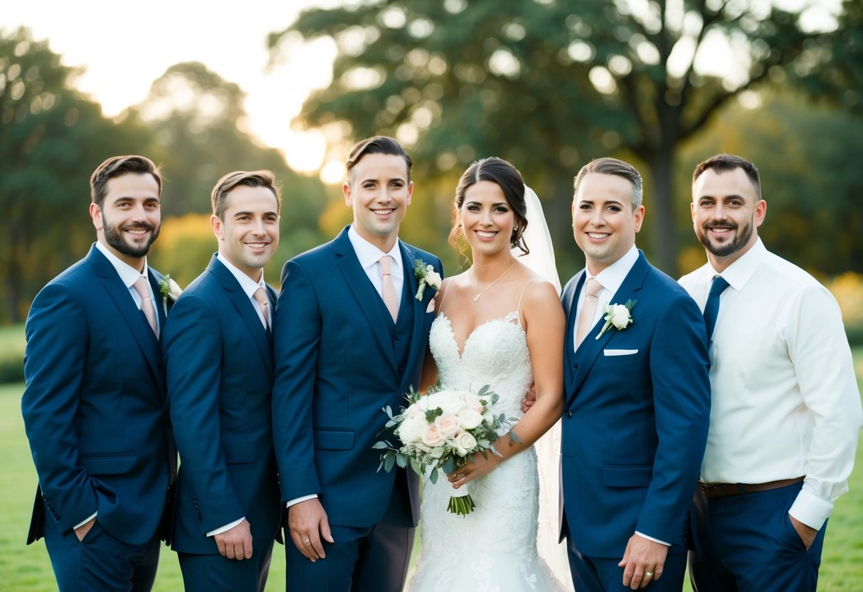 A group of men stand beside the bride, dressed in formal attire, with smiles on their faces
