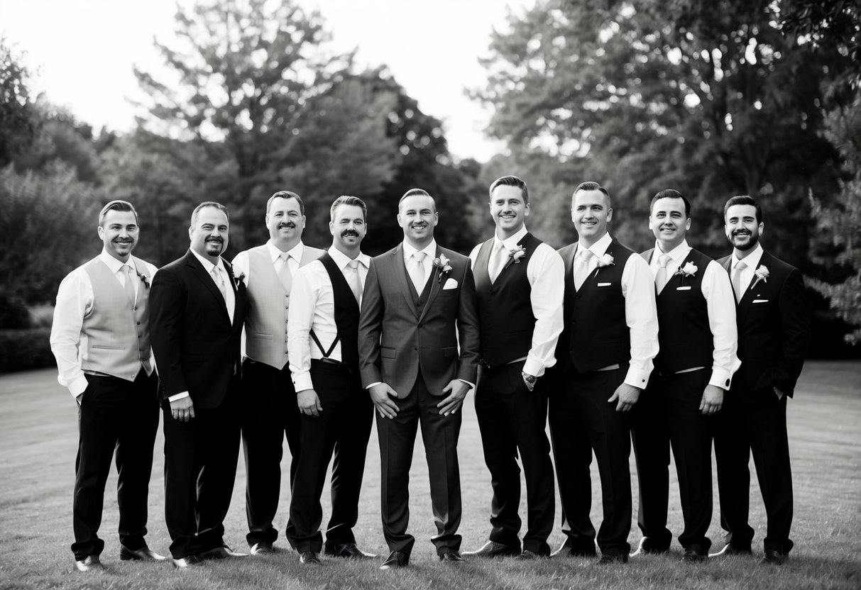 A group of men standing together in formal attire, possibly in a wedding setting, with a sense of camaraderie and celebration