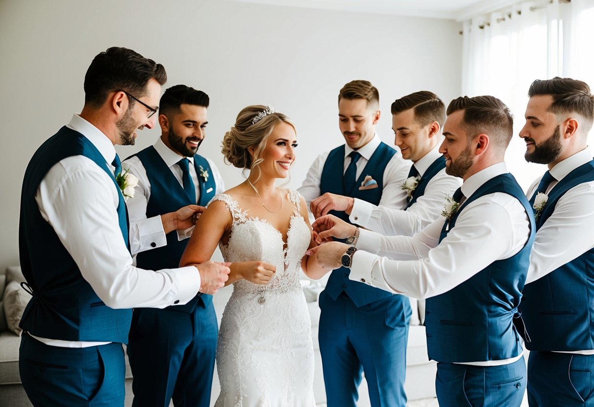A group of groomsmen help the bride prepare for her wedding, arranging her dress and accessories while offering support and encouragement