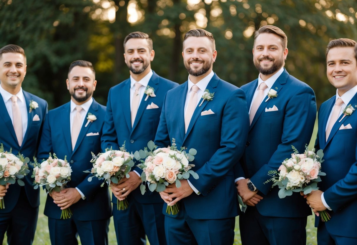 A group of men in matching suits stand together, each holding a bouquet of flowers