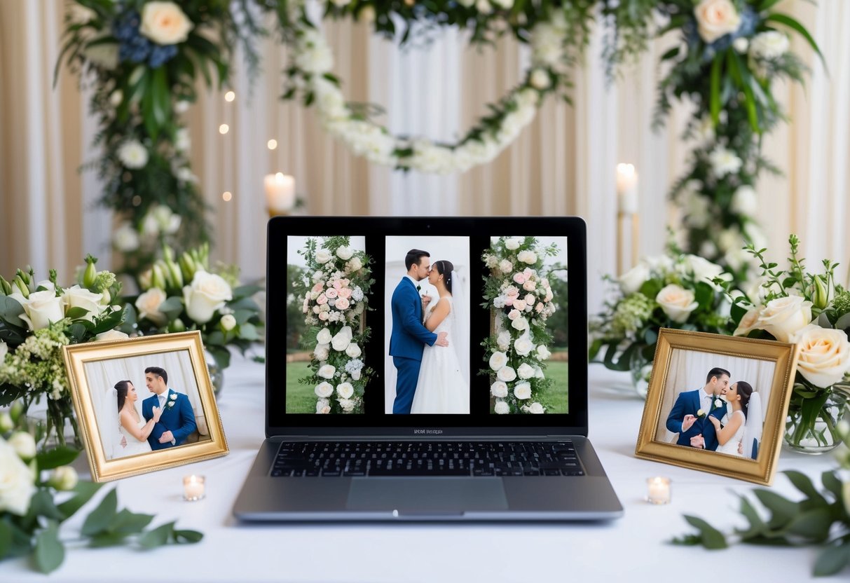 A laptop displaying a virtual wedding ceremony, surrounded by flowers and decorations, with a couple's photos in frames
