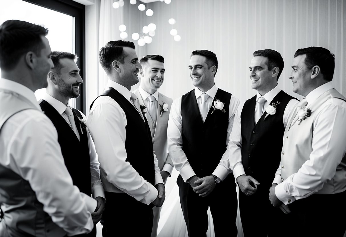 A group of men in formal attire stand beside the bride, smiling and chatting as they prepare for the big day