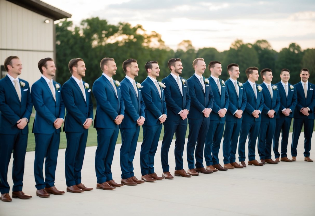 A group of well-dressed men standing together in a line, possibly at a wedding or formal event