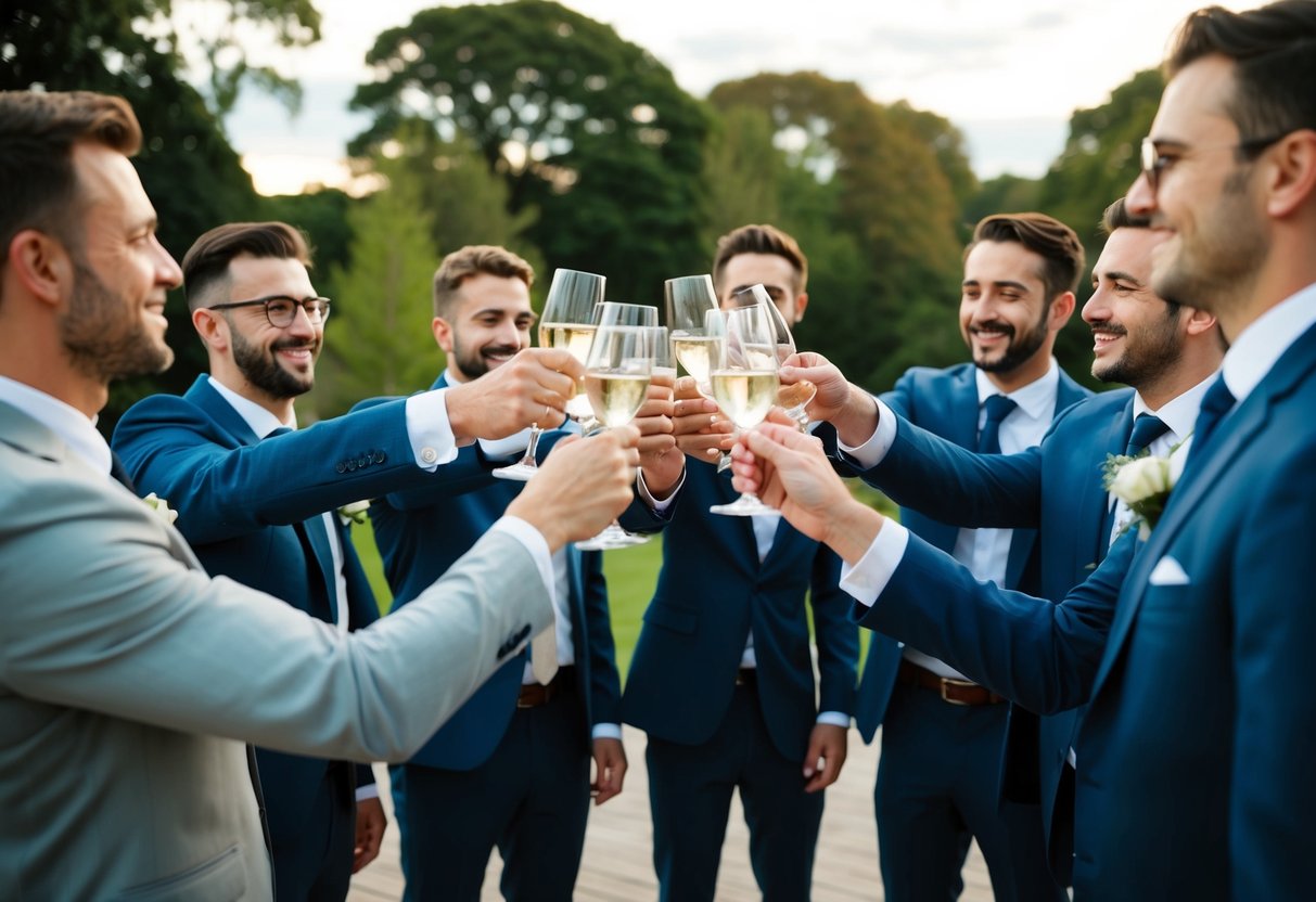 A group of male friends stand in a circle, raising their glasses in a toast at a modern wedding
