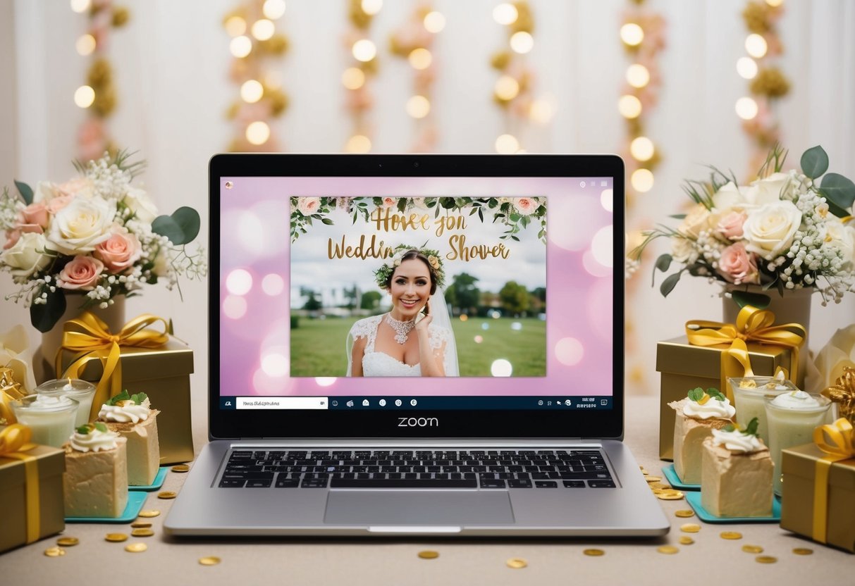 A laptop displaying a Zoom call with a wedding shower theme. Decorations, gifts, and refreshments arranged around the screen