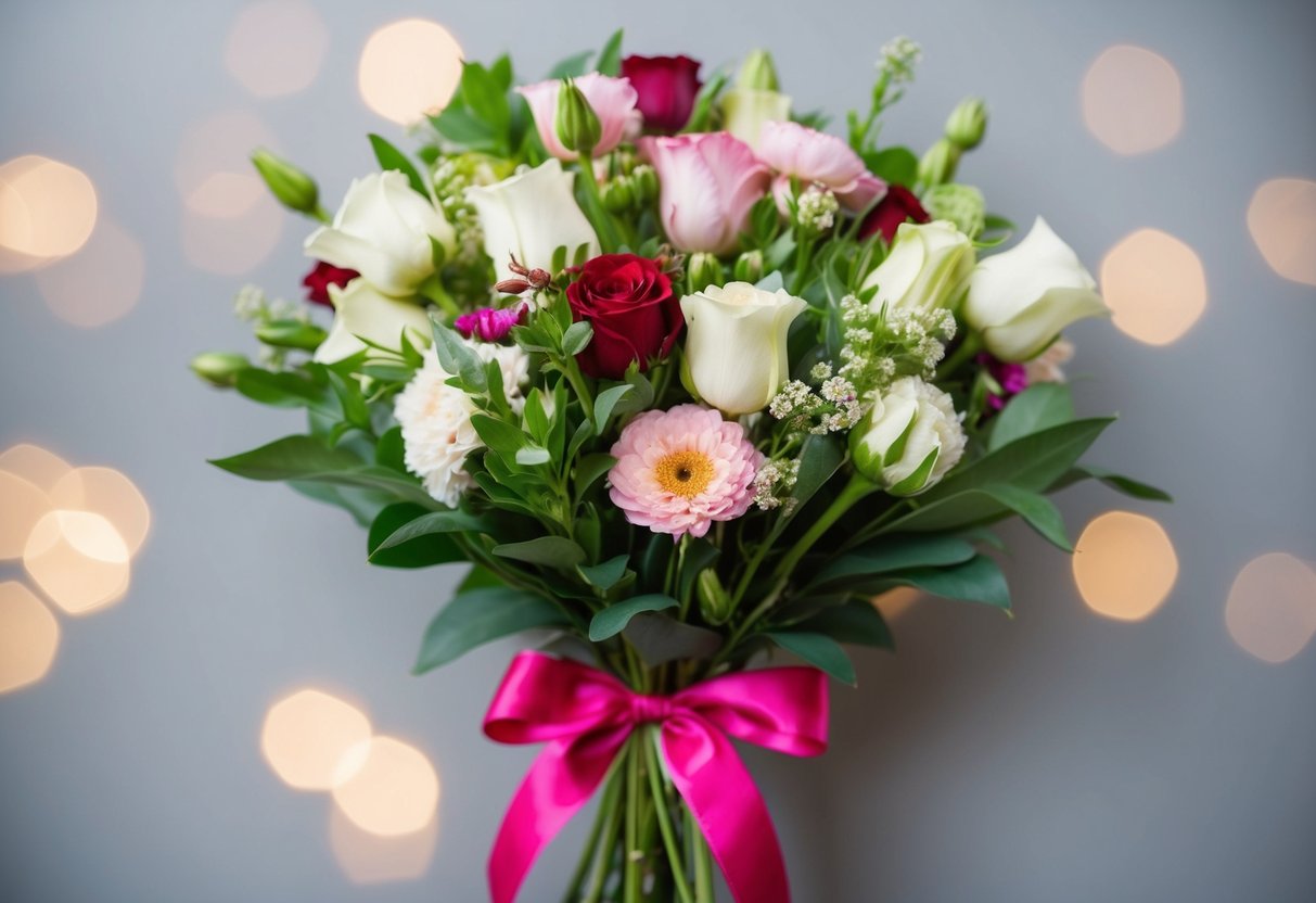 A bouquet of flowers tied with a ribbon