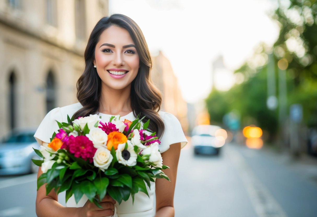 A woman holding a bouquet of flowers and smiling