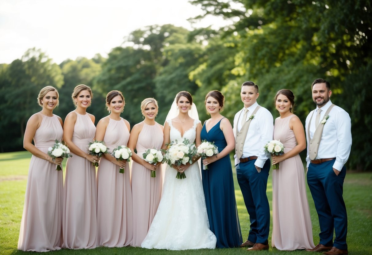 A group of bridesmaids and groomsmen standing together, representing the historical and evolving tradition of bridal parties