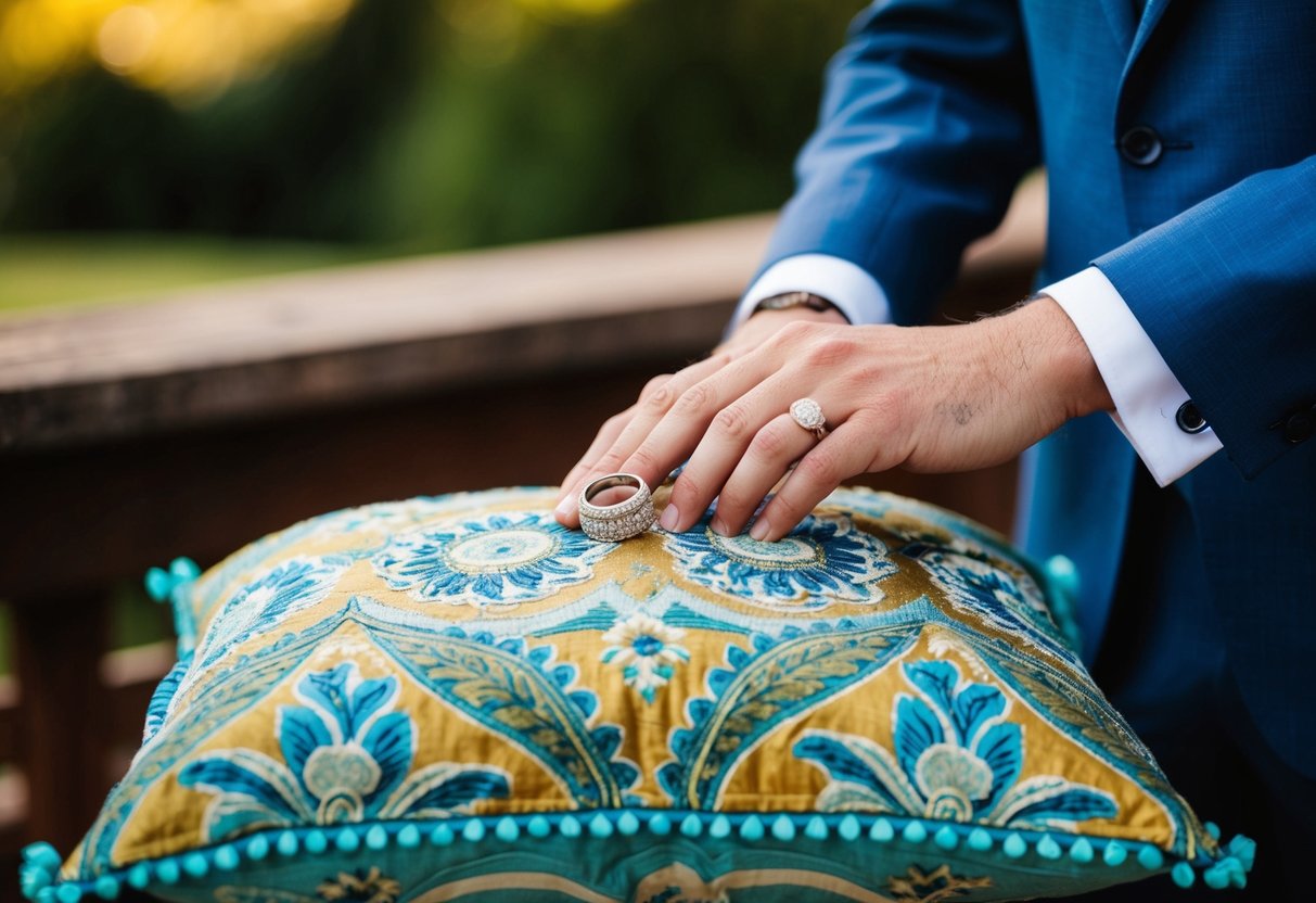 A groomsman holds the wedding rings on a decorative pillow