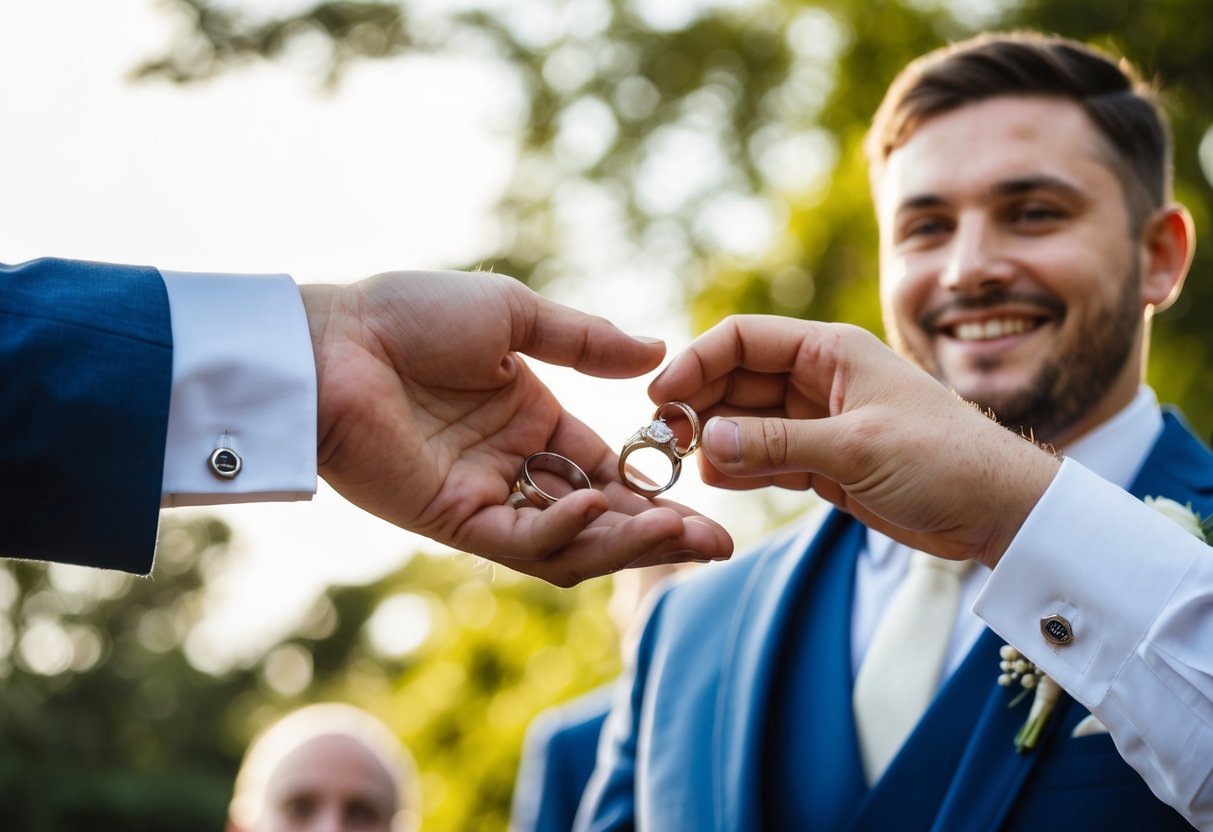 A groomsman handing the wedding rings to the best man