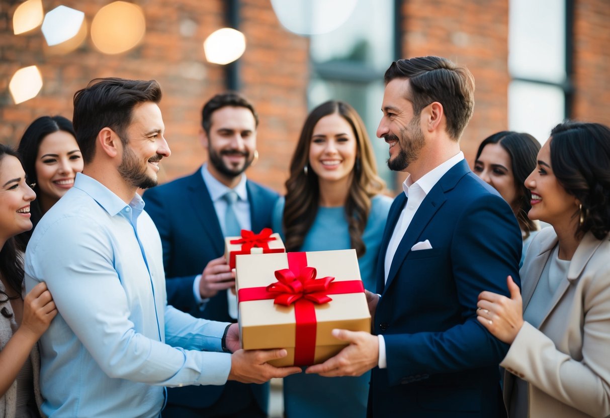 A man presents a gift to another man, surrounded by friends and family in celebration