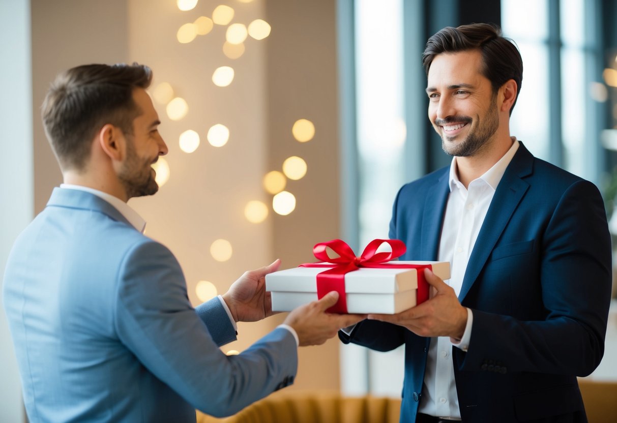 A man presents a gift to another man, who accepts it with a smile