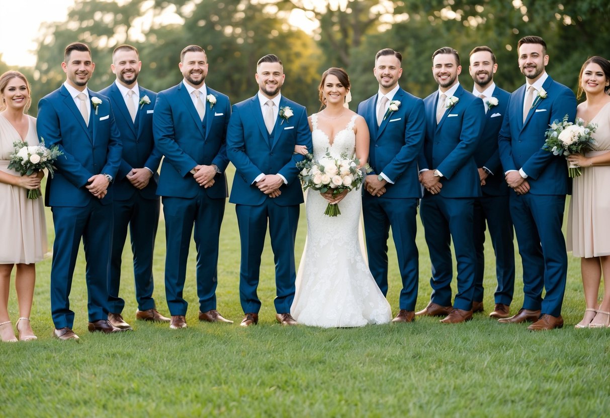 A group of groomsmen standing together, looking sharp in their suits, while a smaller group of bridesmaids stand nearby, smiling and holding bouquets