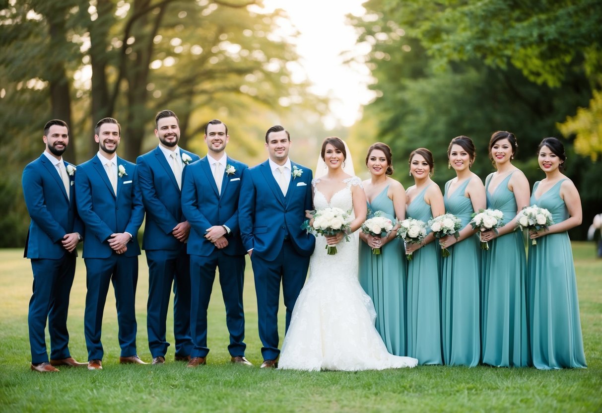 A group of groomsmen and bridesmaids stand on opposite sides, the groomsmen outnumbering the bridesmaids. The groomsmen are relaxed and confident, while the bridesmaids exude elegance and grace