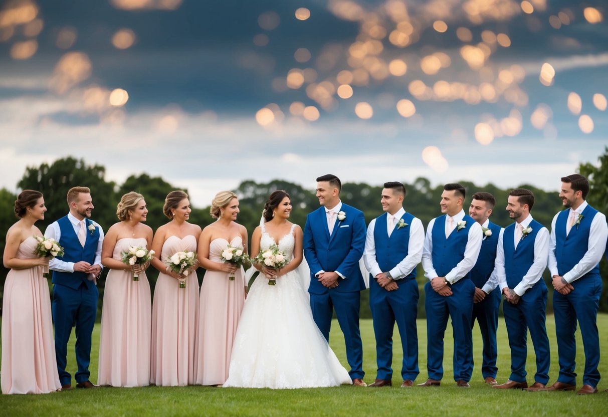 A group of groomsmen and bridesmaids stand in a line, with more groomsmen than bridesmaids. They are gathered together, discussing and planning for the wedding ceremony