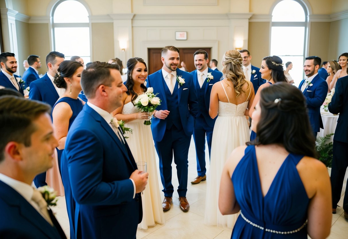 A group of groomsmen and bridesmaids mingle in the reception hall, the groomsmen outnumbering the bridesmaids