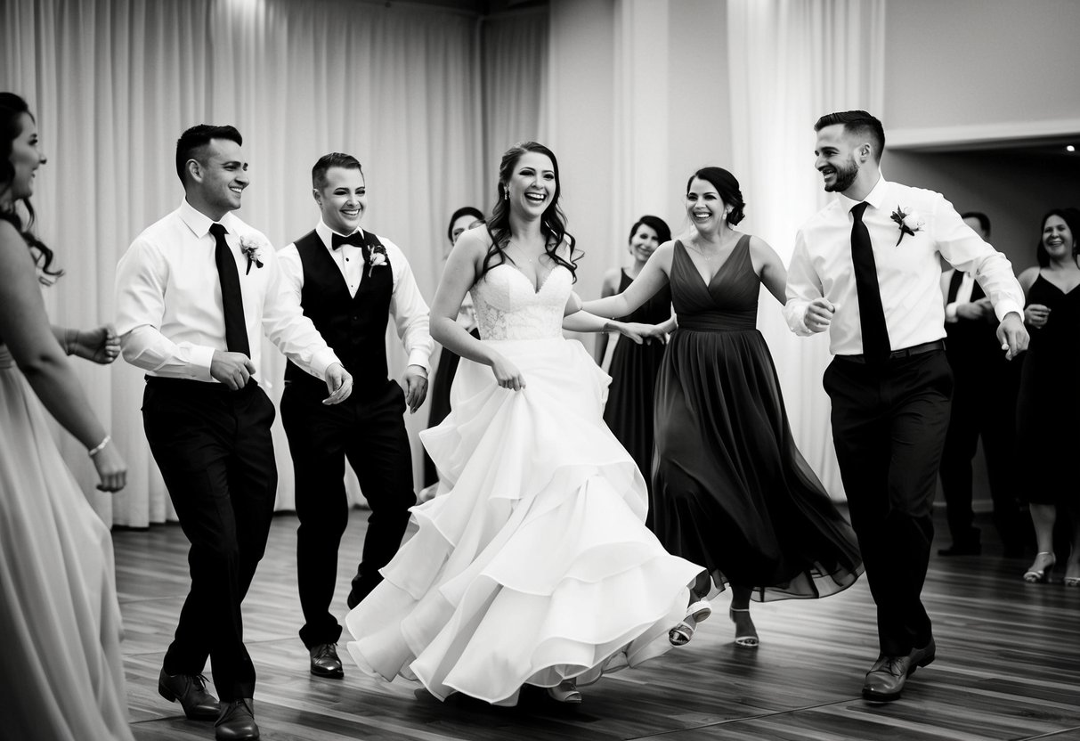 Groomsmen and bridesmaids twirl on the dance floor, laughing and enjoying each other's company