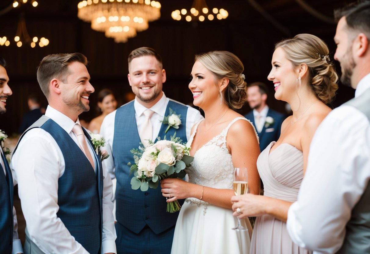 Groomsmen and bridesmaids standing in pairs, smiling and chatting at the wedding reception