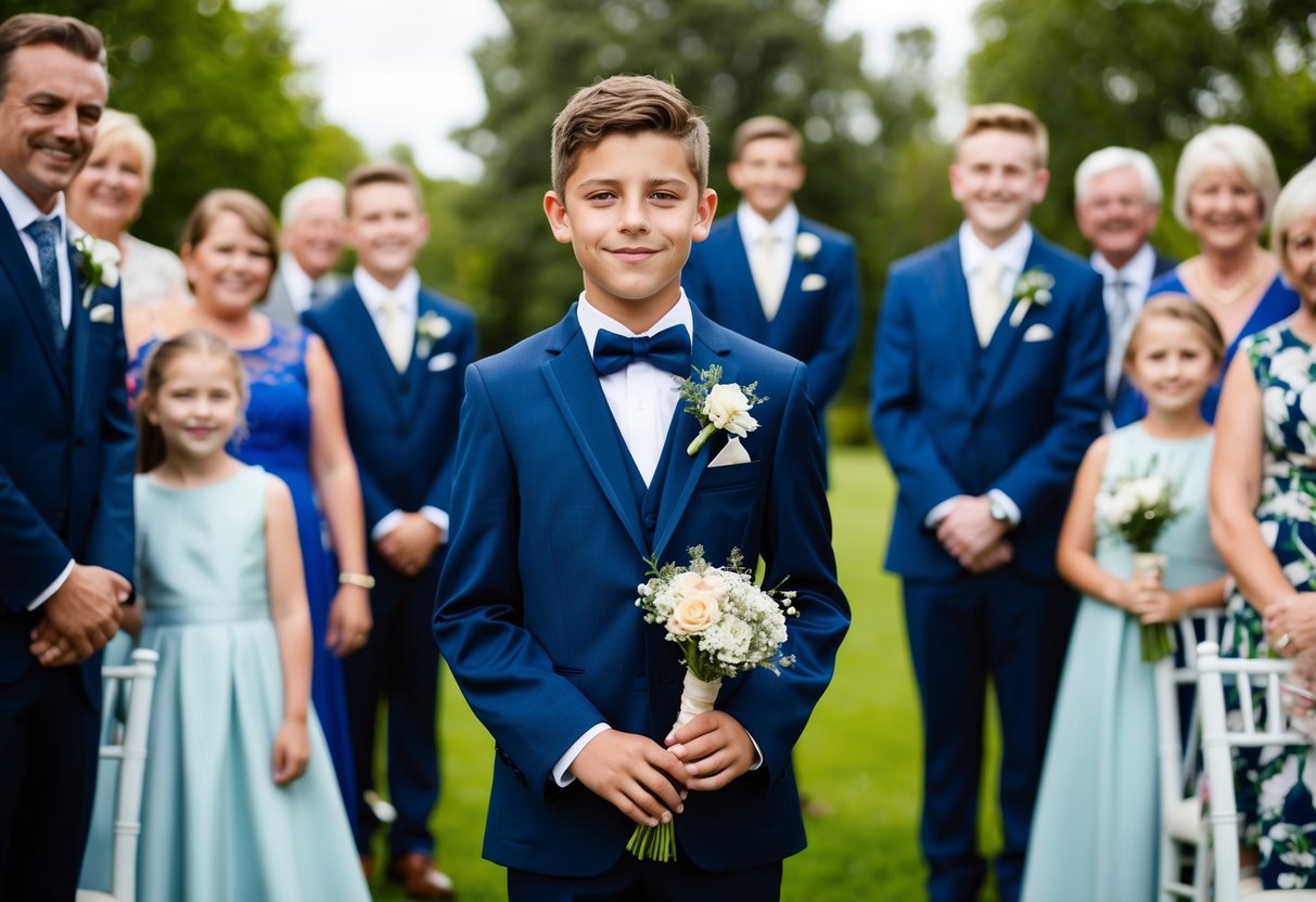 A 12-year-old groomsman stands proudly in a sharp suit, holding a small bouquet of flowers, surrounded by smiling wedding guests