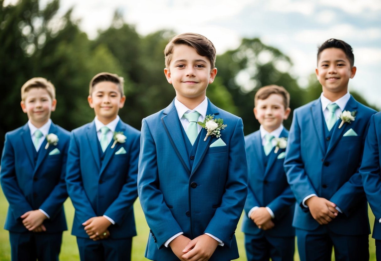 A 12-year-old boy stands proudly in a matching suit among a group of groomsmen at a wedding ceremony, holding a small bouquet or boutonniere