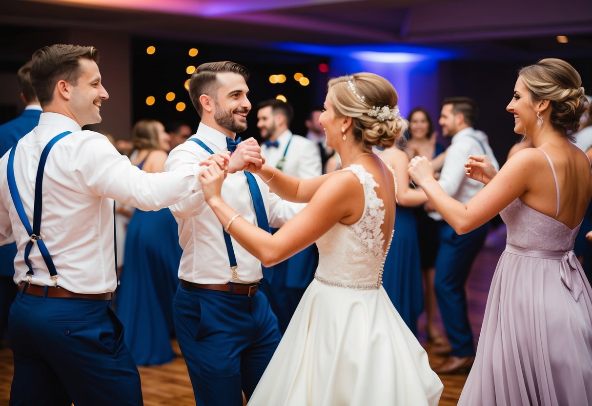 Groomsmen and bridesmaids dancing together at pre-wedding celebrations