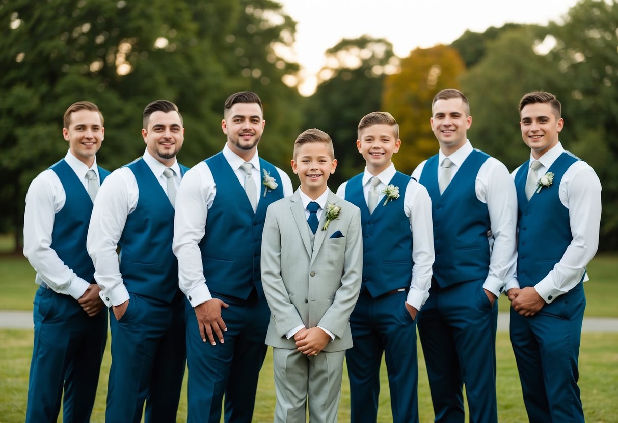 A group of wedding party members, including a 12-year-old groomsman, standing together in formal attire