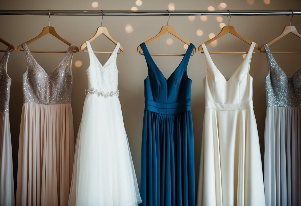A group of elegant dresses hanging on a rack, with a smaller one set apart for a 12-year-old bridesmaid