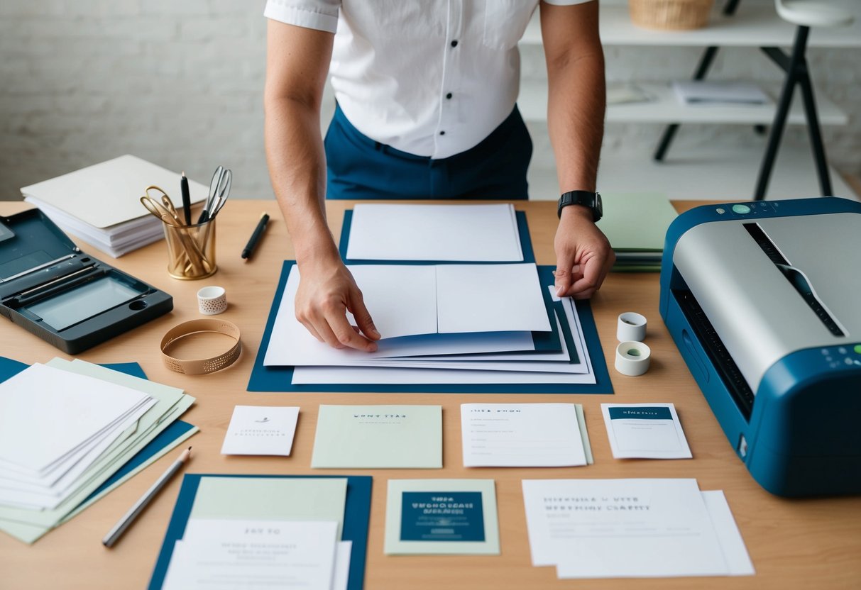A person at a desk surrounded by design tools, paper samples, and a printer, comparing costs of DIY wedding invitations