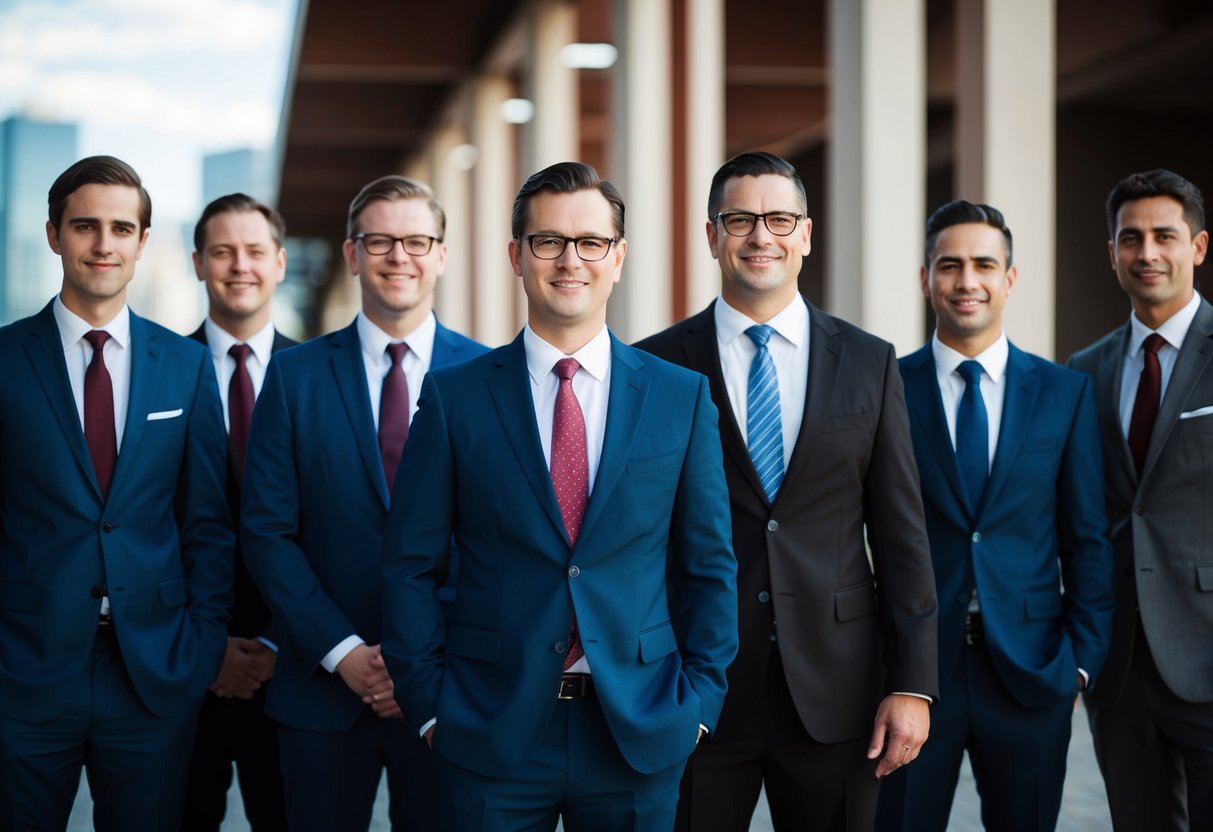 A group of men in suits and ties standing together, one slightly apart