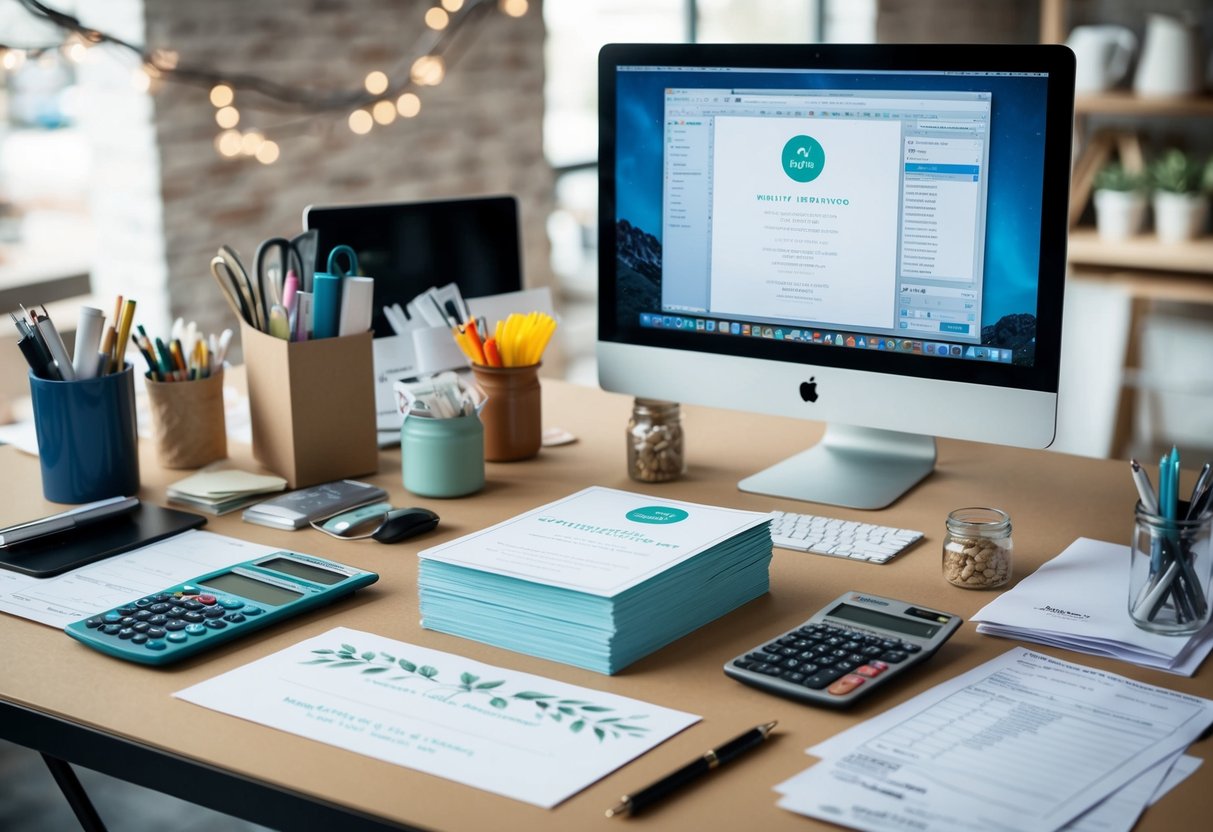 A table with various art supplies, a computer with design software, and a stack of printed wedding invitations with a calculator and receipts scattered around