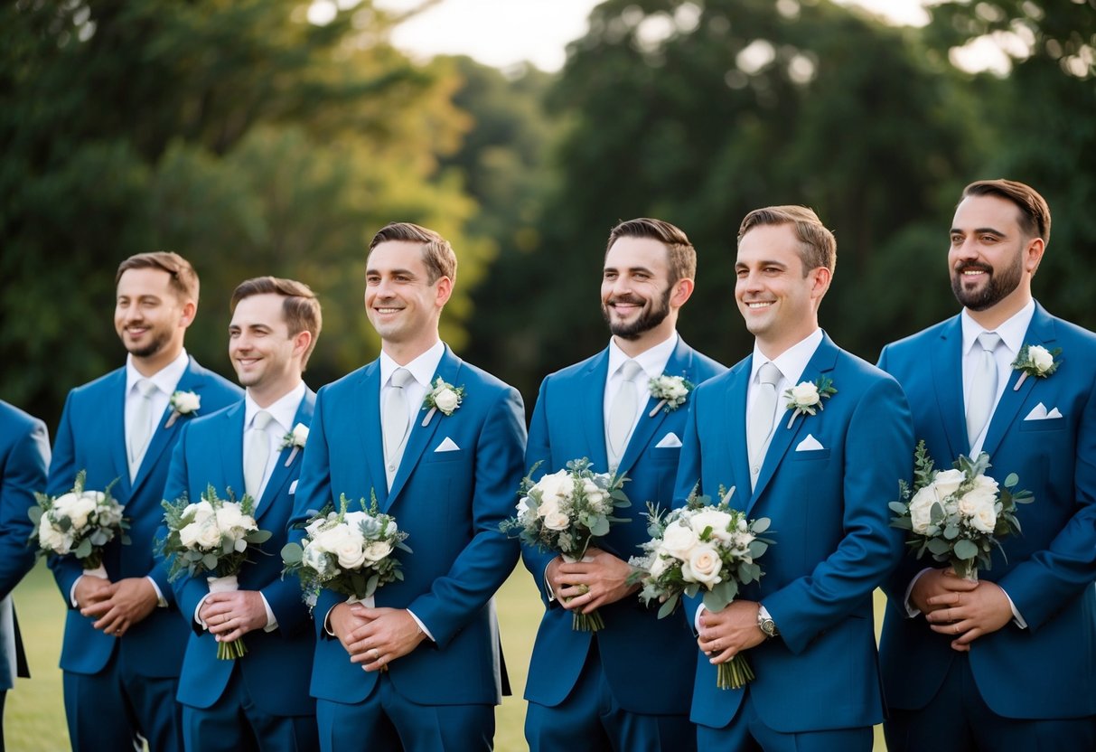 A group of groomsmen standing in a line, dressed in matching suits and holding bouquets, while smiling and looking towards the camera