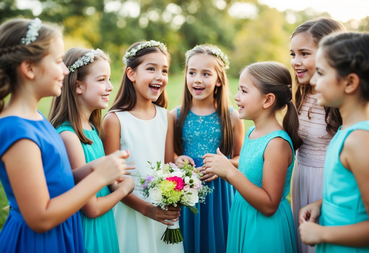 A group of young girls excitedly discussing dress colors and flower arrangements for a wedding