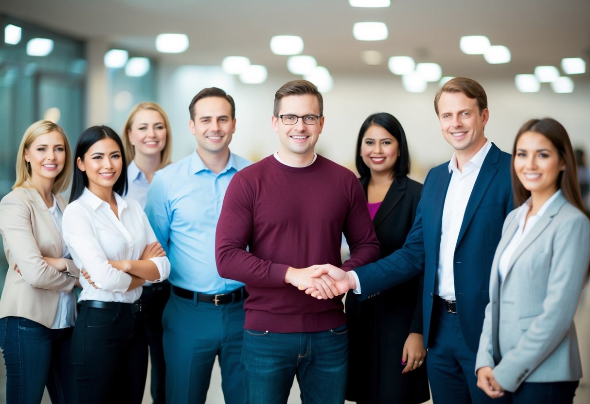 A group of people standing together, with one person being chosen or singled out from the rest