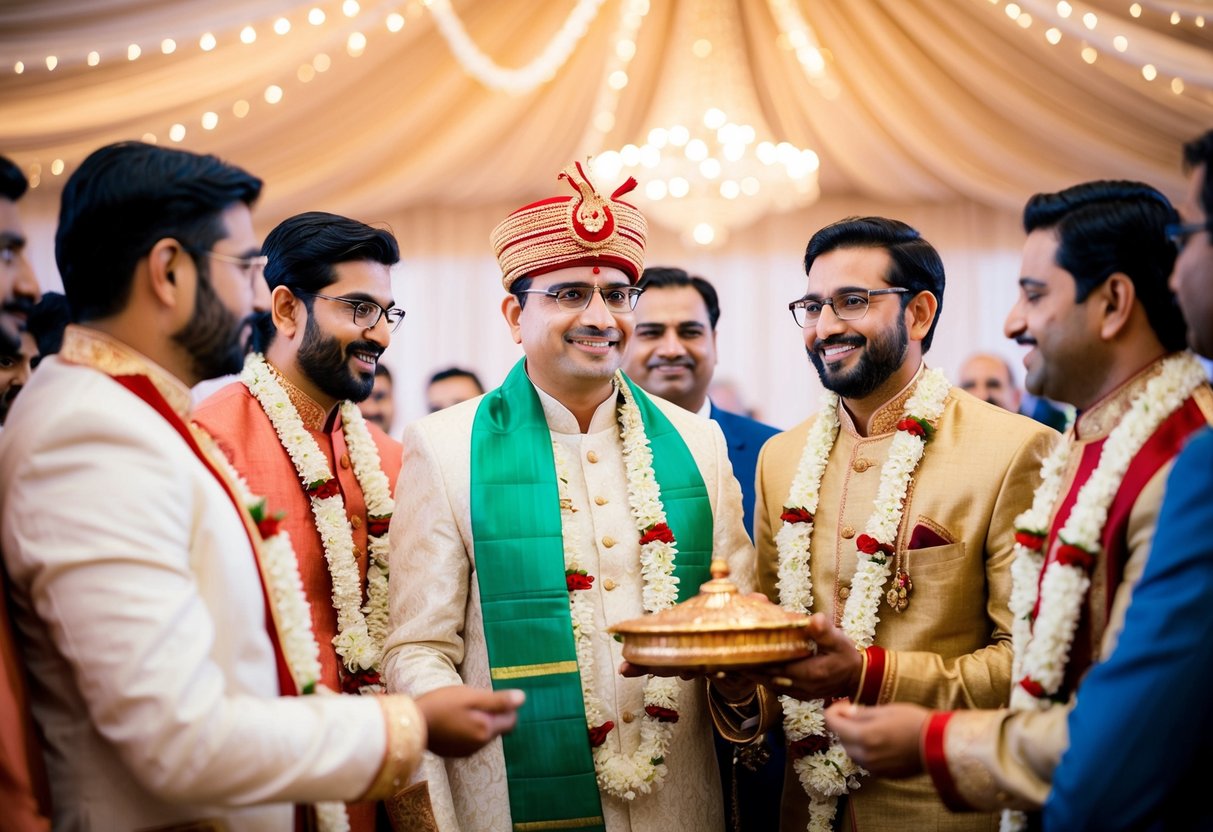 A group of men in traditional attire gather for pre-wedding celebrations, with one man standing out as the groom's father