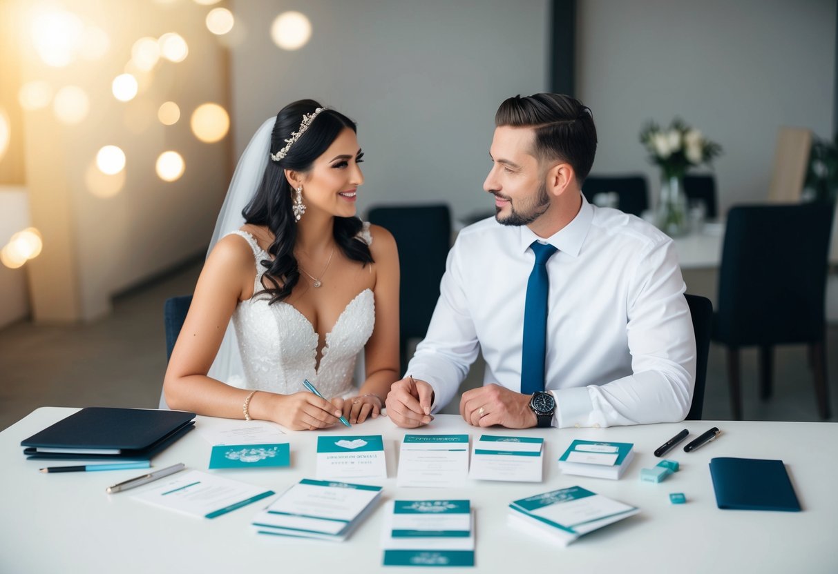 A bride and groom sit at a table surrounded by wedding invitation samples, pens, and design tools, discussing cost-saving options