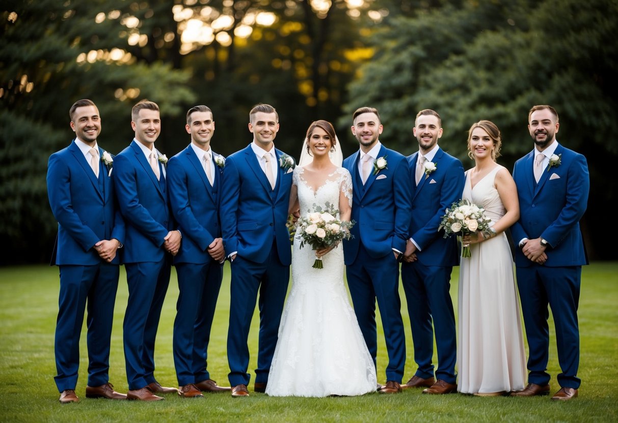 A group of groomsmen and bridesmaids stand together, with one of the groomsmen appearing to be the bride's sibling. They are dressed in formal wedding attire and are smiling