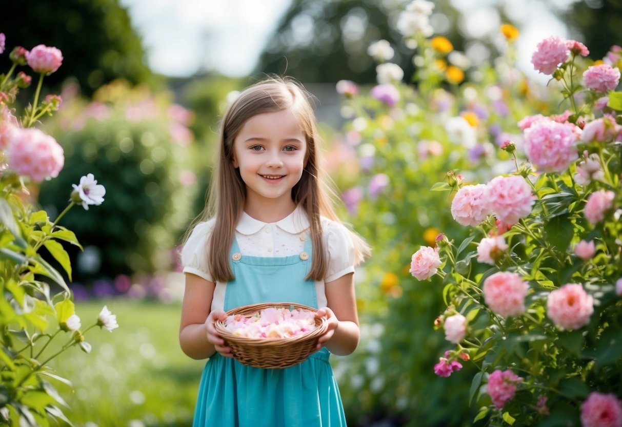 A garden with a young girl surrounded by blooming flowers, holding a basket of petals