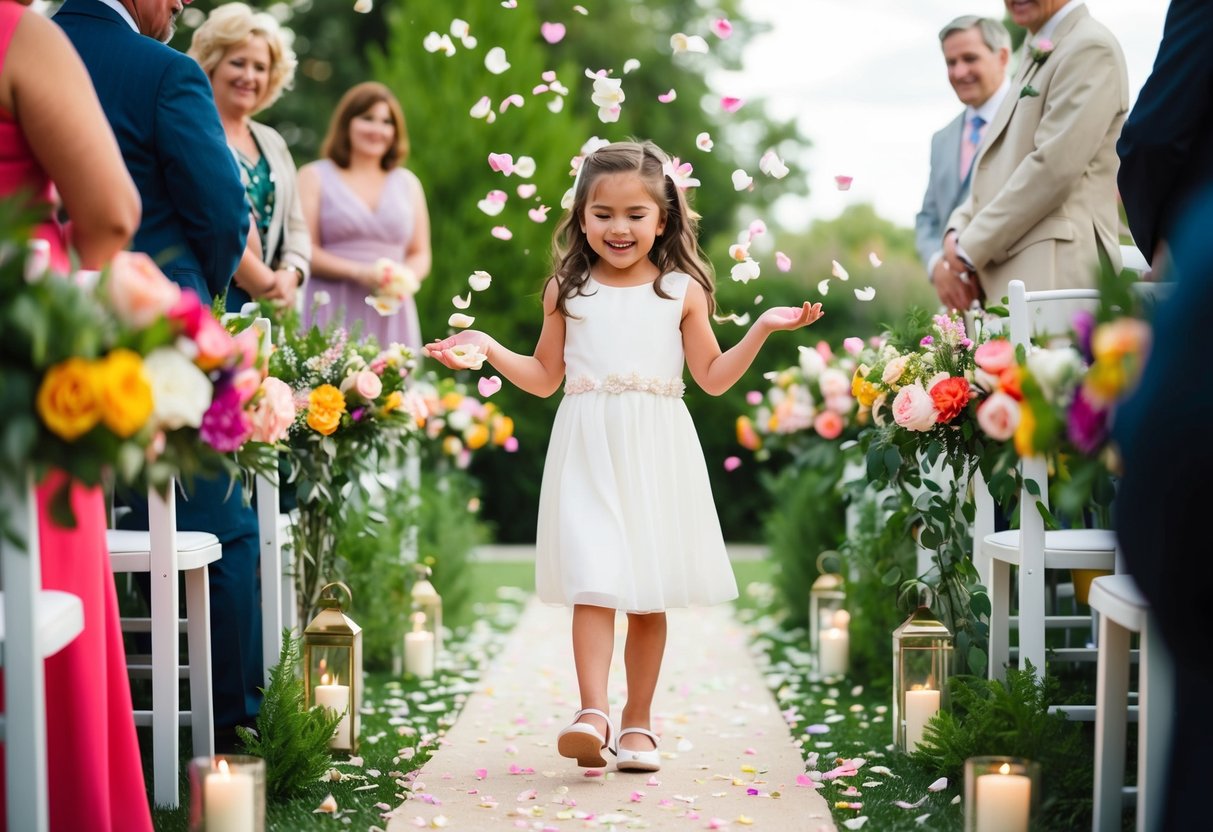 A young girl happily scattering flower petals down the aisle at a wedding, surrounded by colorful blooms and greenery