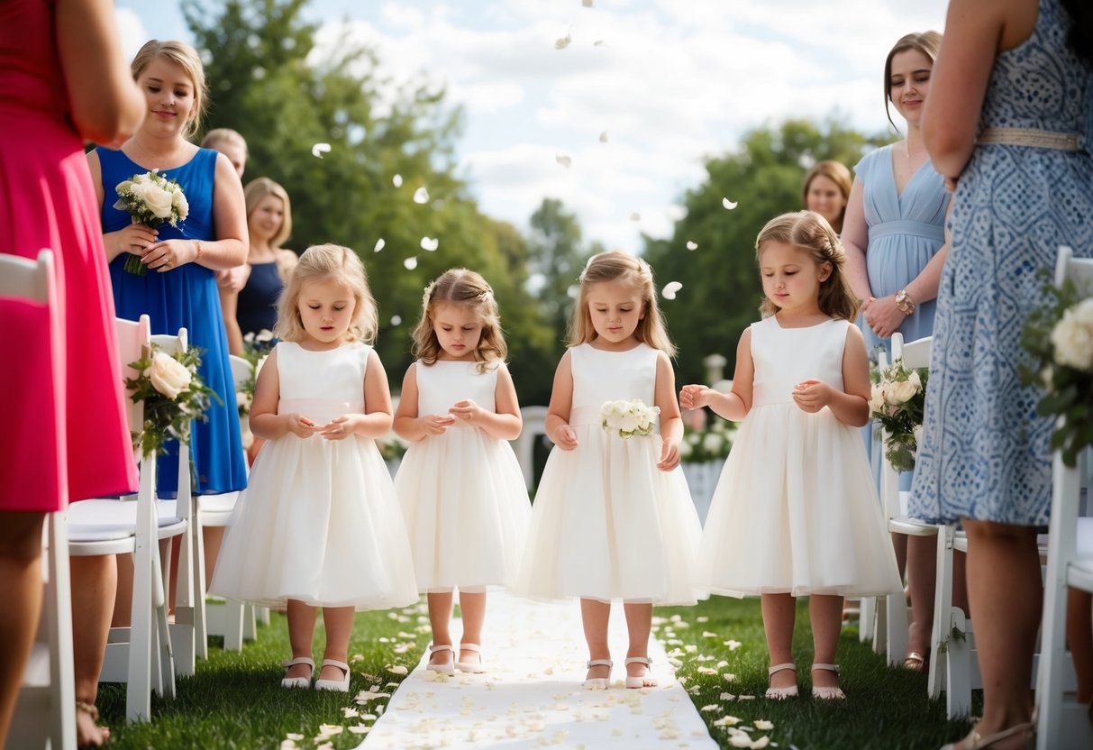 A group of young girls in pretty dresses, scattering flower petals down the aisle at a wedding