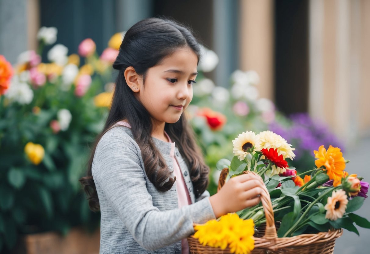 A young girl carefully arranging flowers in a basket, looking thoughtful and mature