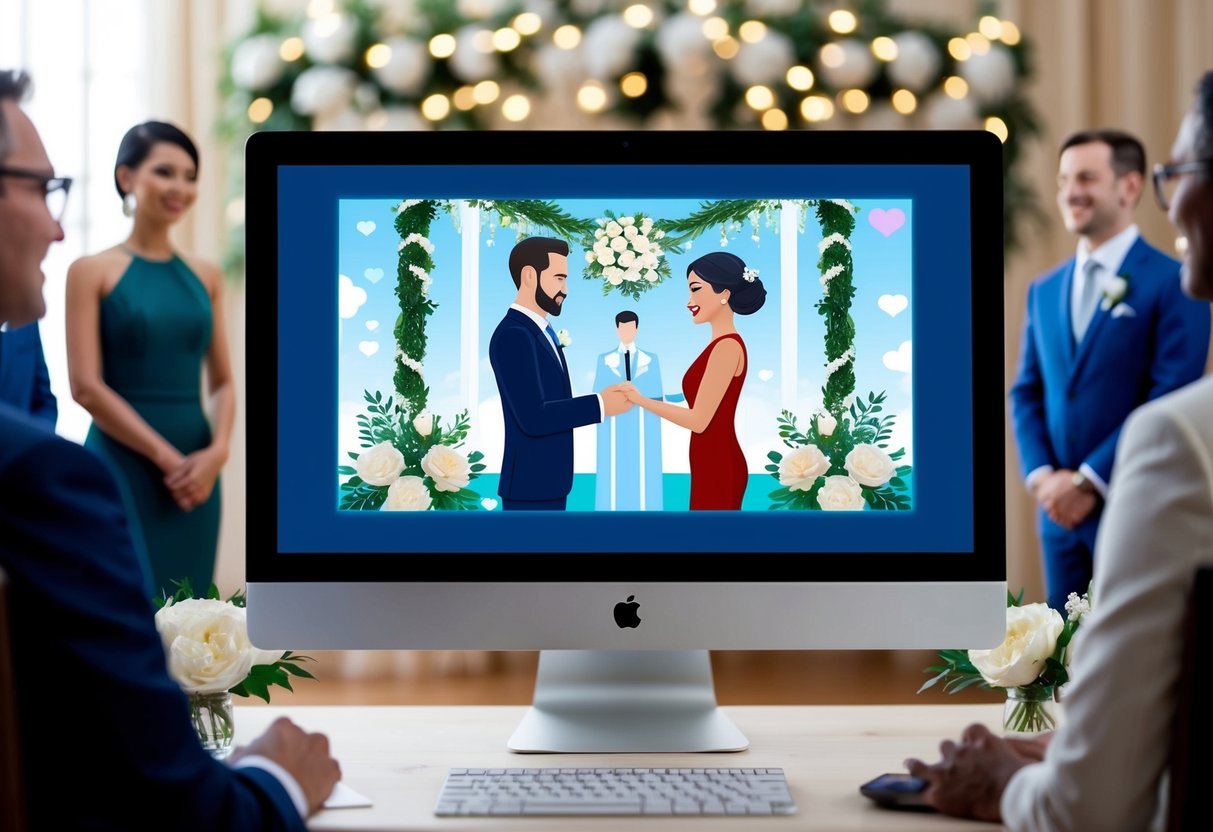 A computer screen displaying a virtual wedding ceremony with two avatars exchanging vows in a digital setting, surrounded by virtual decorations and witnesses