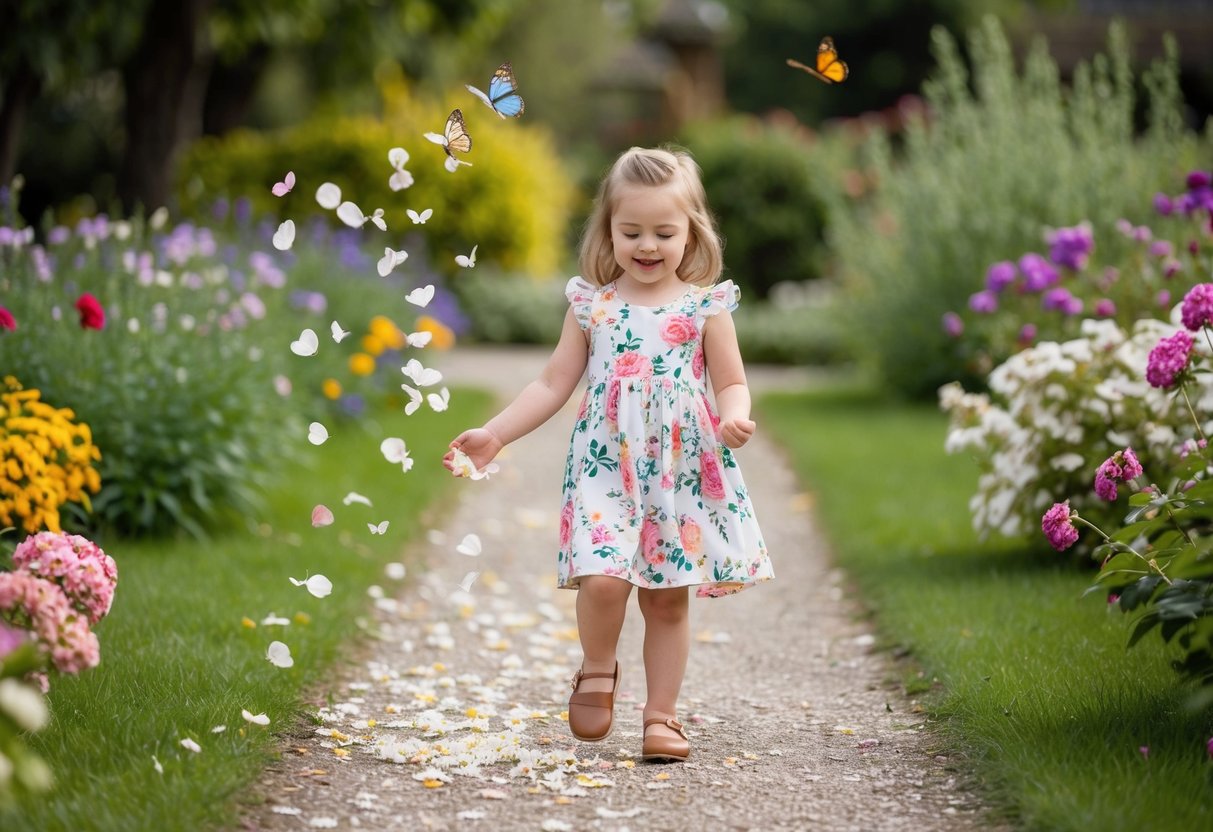 A young girl in a floral dress happily scatters petals along a garden path, surrounded by blooming flowers and fluttering butterflies