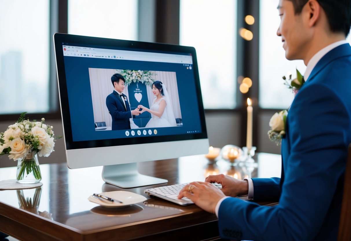 A computer screen displaying a wedding ceremony conducted virtually, with a couple exchanging vows and rings through an online platform in China
